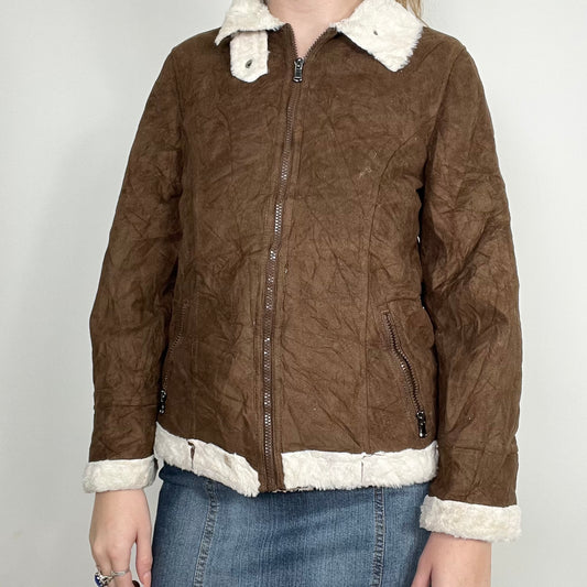 Y2K Brown and White Faux and Suede Jacket (S)