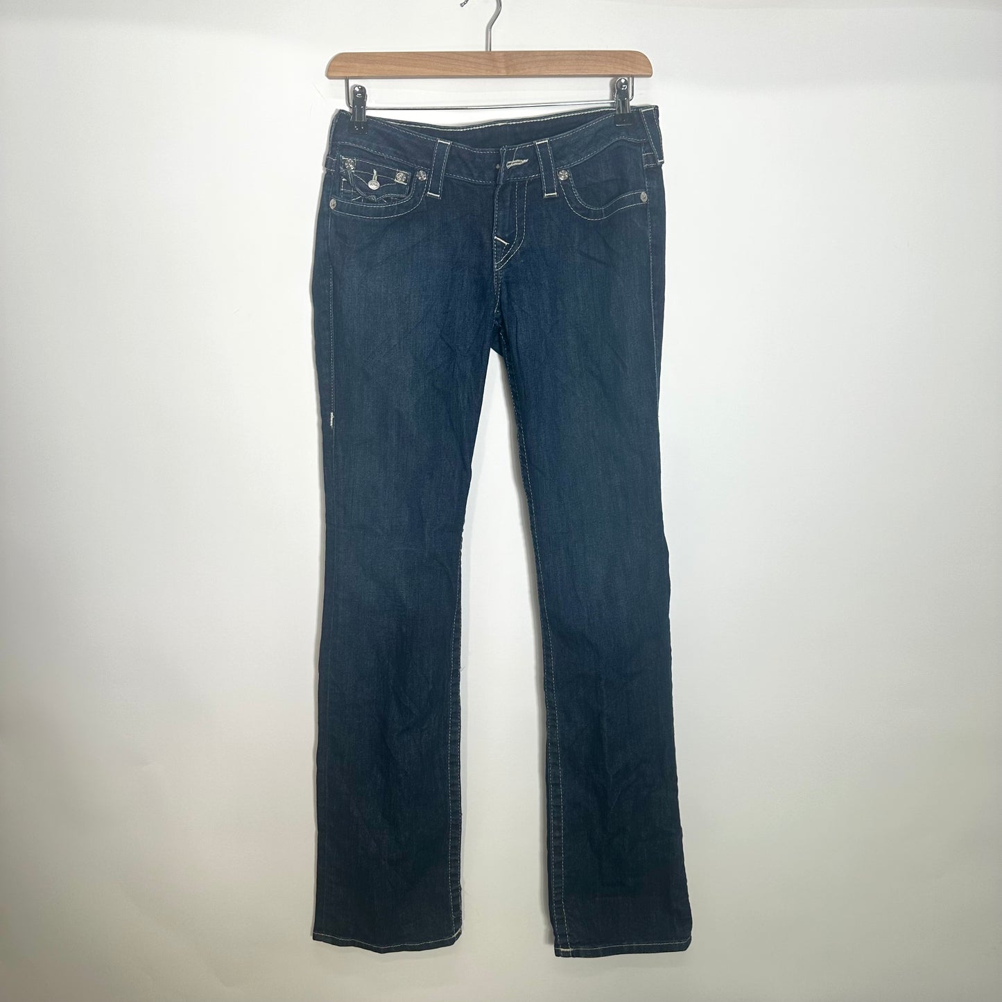 Y2K True Religion Dark Wash Blue Denim Blue Flared Jeans (W29)