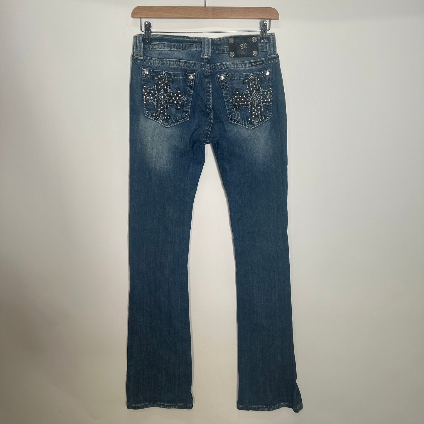 Y2K Blue Miss Me Mid-Rise Boot-Cut Jeans (W28)