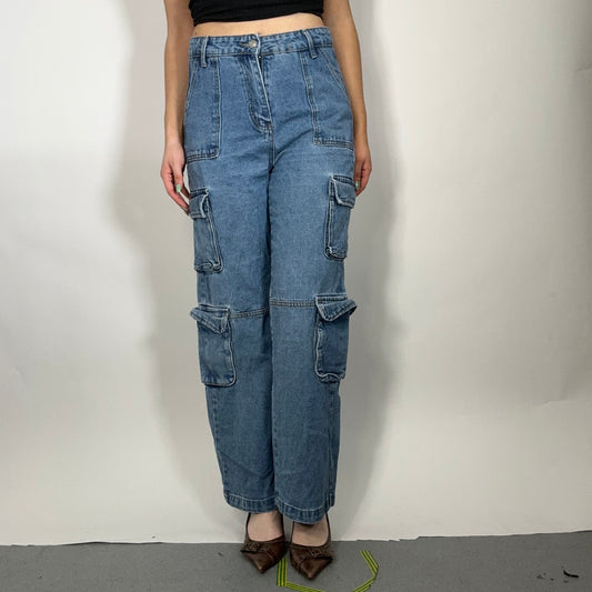 Y2K Blue High Waist Cargo-Style Wide Leg Jeans (W28)