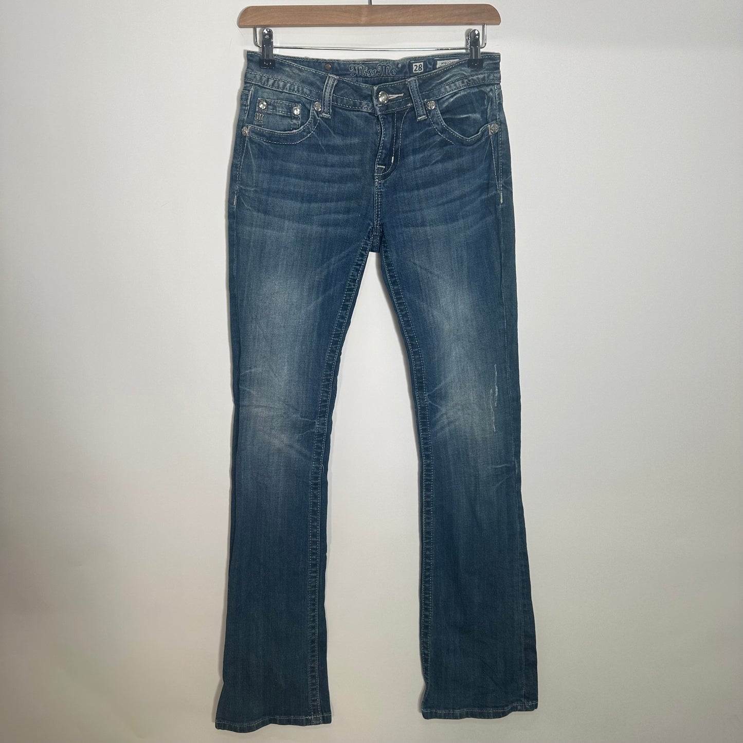 Y2K Blue Miss Me Mid-Rise Boot-Cut Jeans (W28)