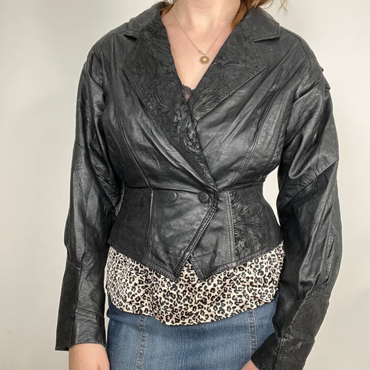 Y2K Black Wilsons Patterned Leather Jacket (M)