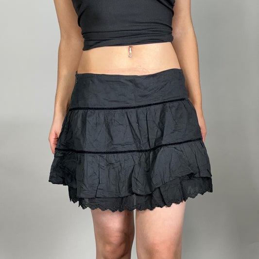 Y2K Black Detailed Linen Mini Skirt (W32)