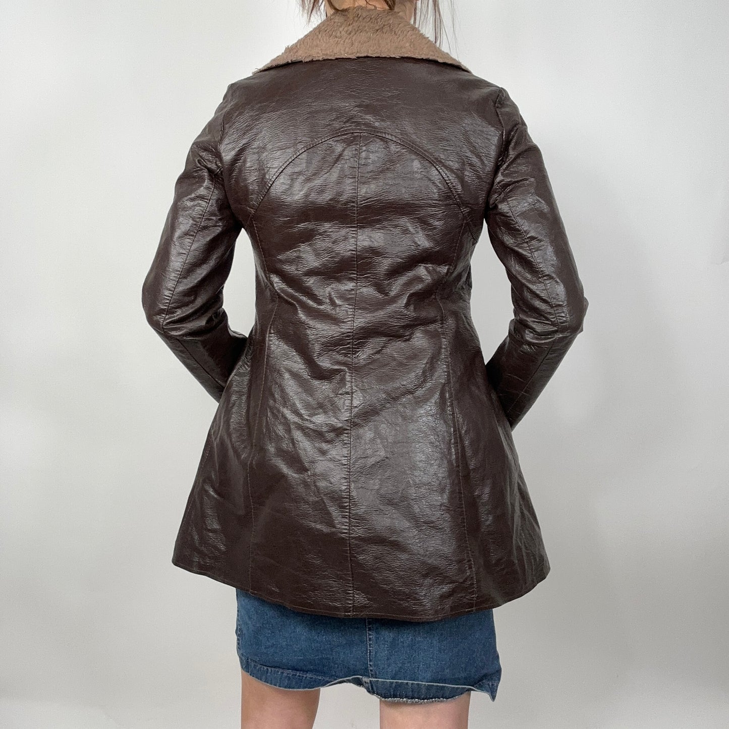 Y2K Brown Faux Leather and Fur Midi Jacket (M)