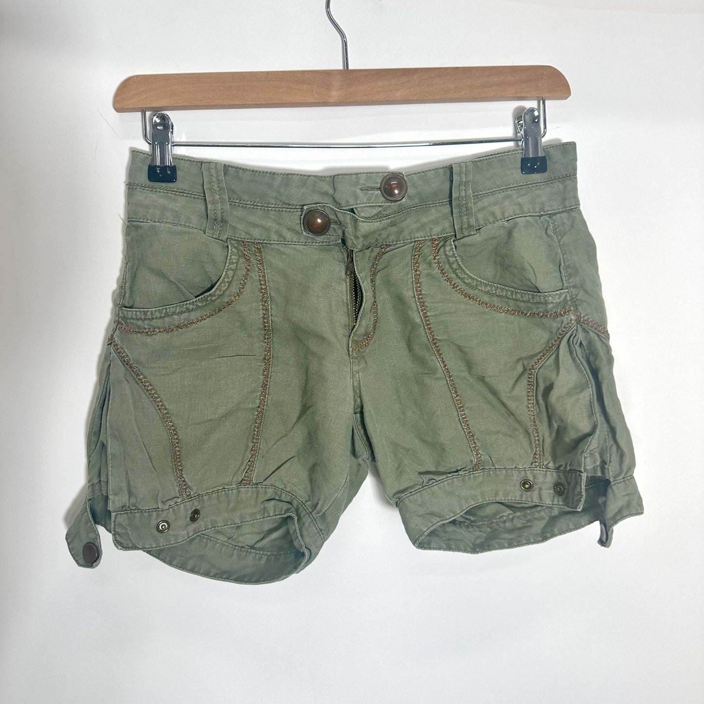 Y2K Phard Khaki Linen Shorts with Gold Contrast Stitching (S)