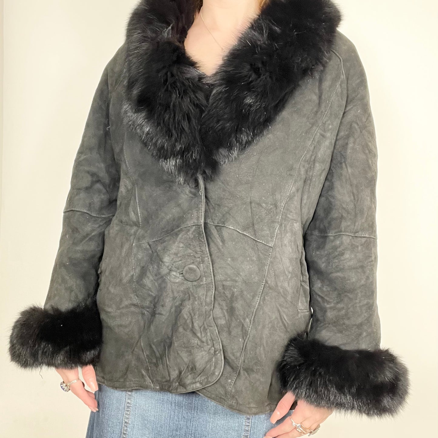 Y2K Black Faux Suede and Fur Jacket (L)