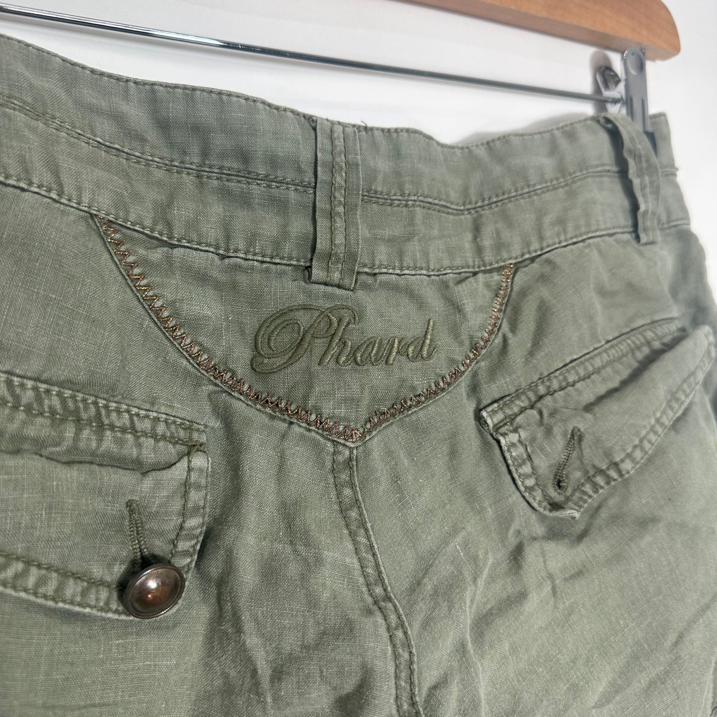 Y2K Phard Khaki Linen Shorts with Gold Contrast Stitching (S)