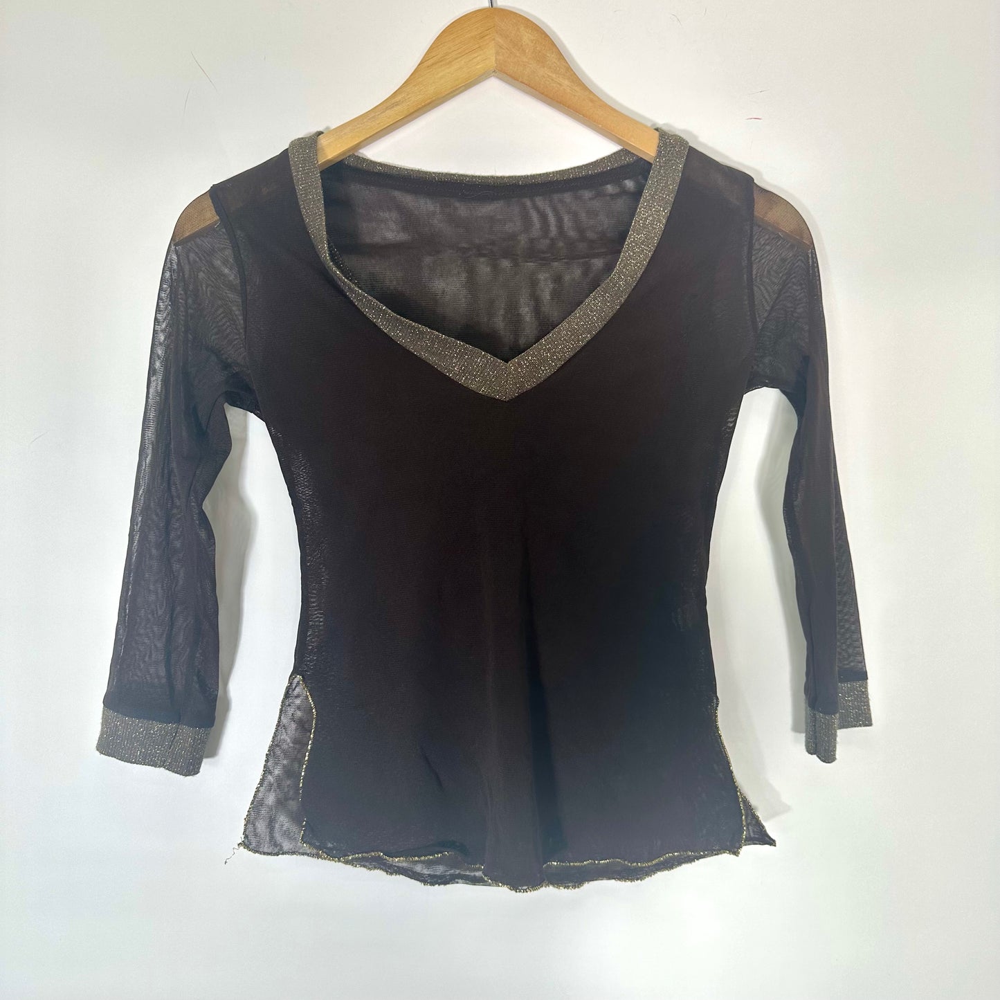 Y2K Mesh Brown & Gold 3/4 Length Sleeve Top (S)