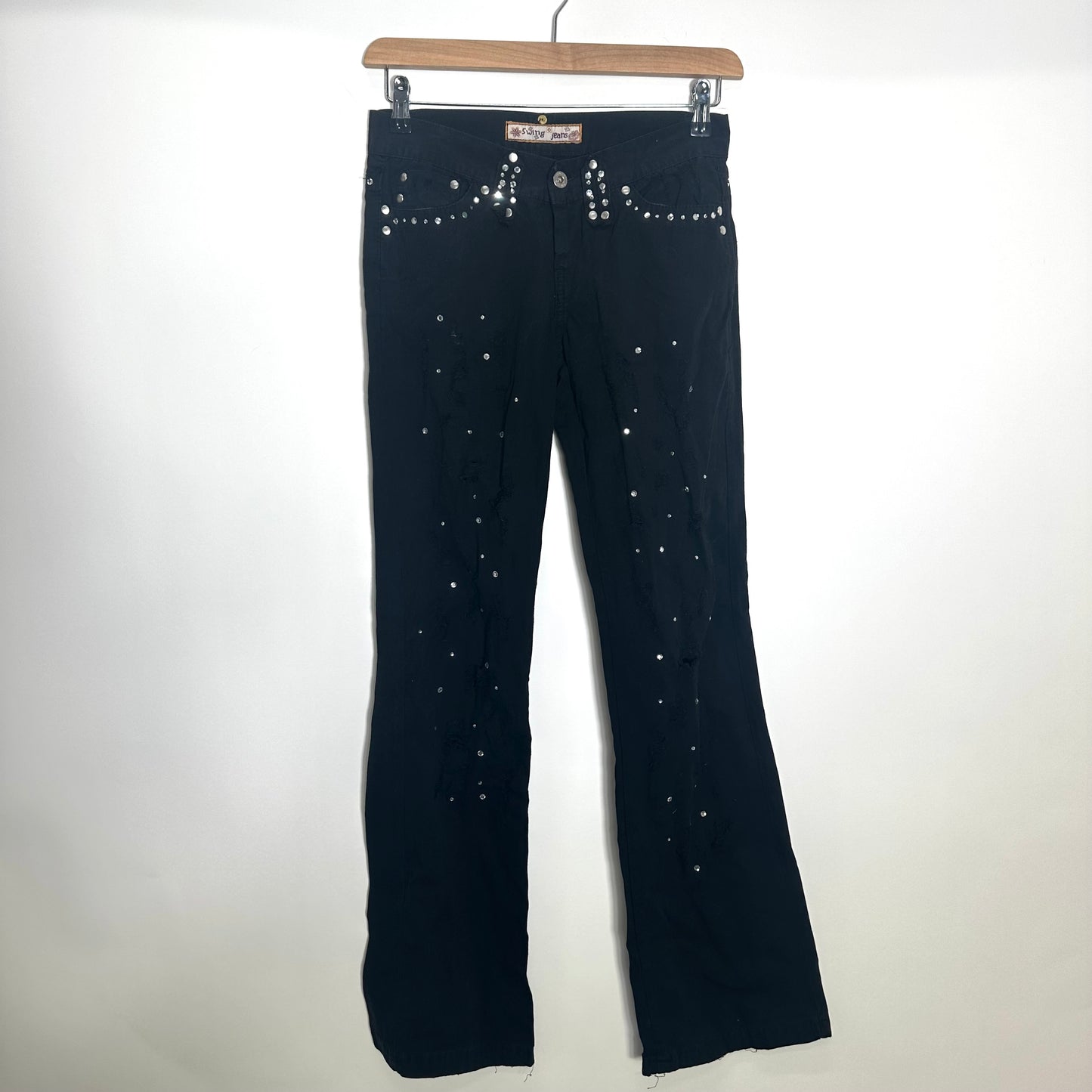 Y2K Black Studded Diamante Flared Jeans (W30)