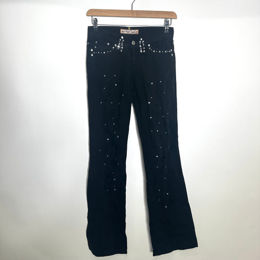 Y2K Black Studded Diamante Flared Jeans (W30)