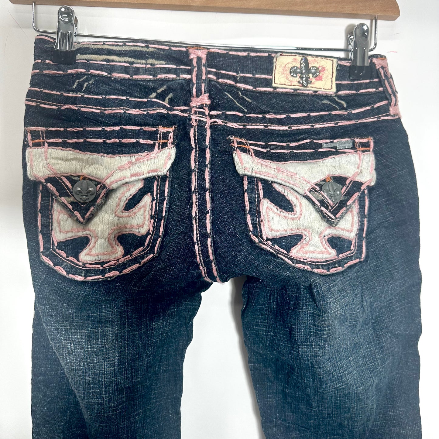 Y2K Laguna Beach Blue Denim Jeans with Pink Contrast Stitching (XS)