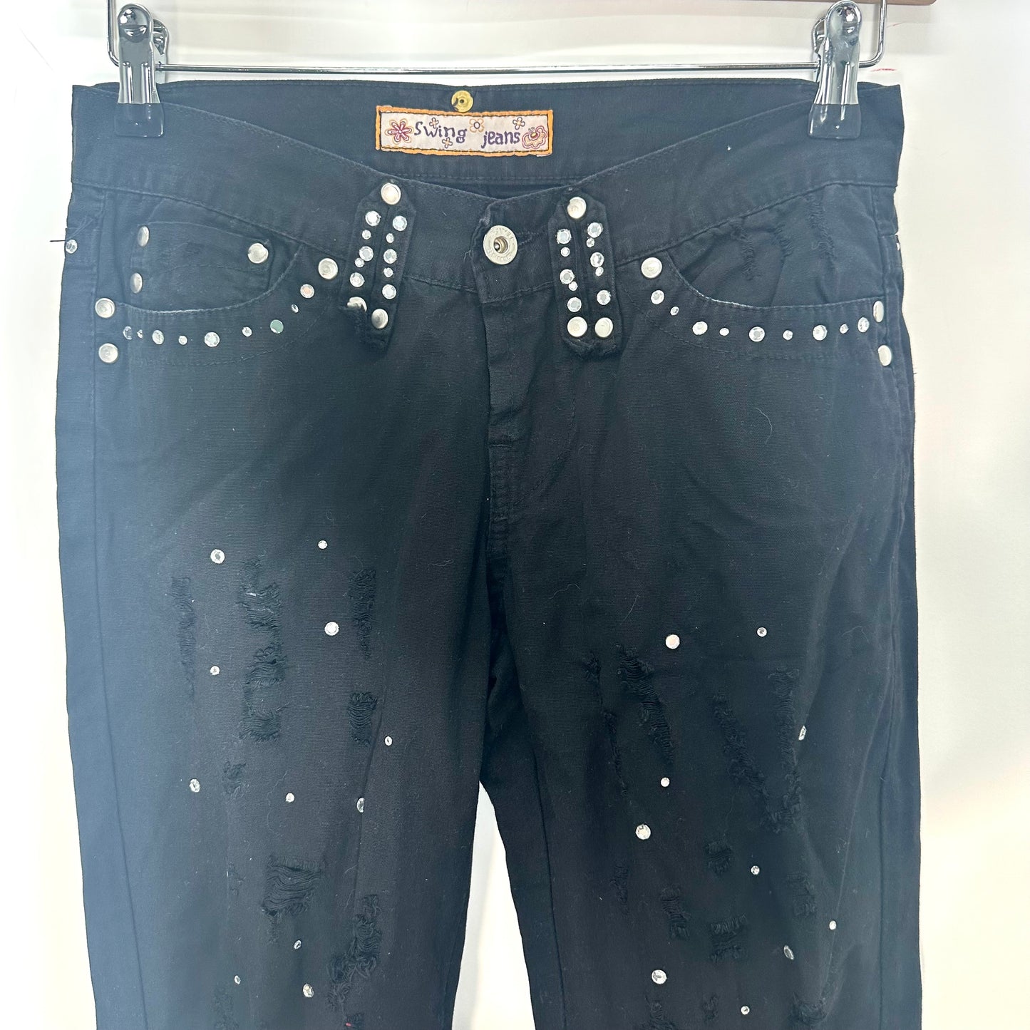 Y2K Black Studded Diamante Flared Jeans (W30)