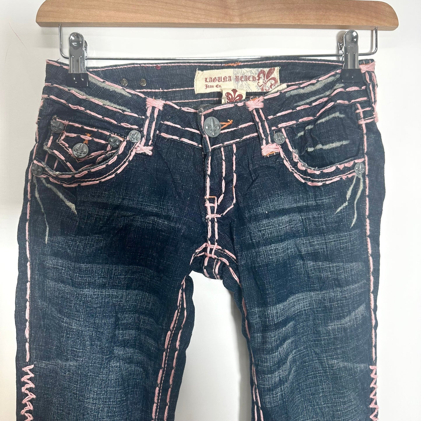 Y2K Laguna Beach Blue Denim Jeans with Pink Contrast Stitching (XS)