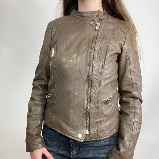 Y2K Brown Bershka Leather Zip Detail Jacket (L)