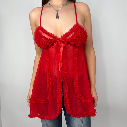 Y2K Red Ruffle Mesh Top With Ribbon (S)