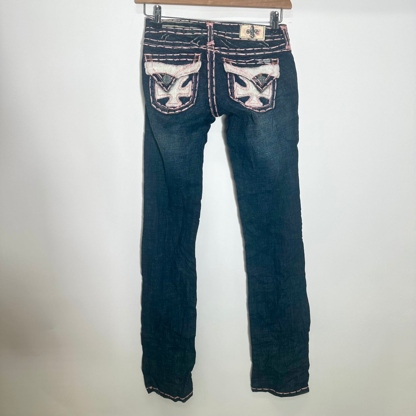 Y2K Laguna Beach Blue Denim Jeans with Pink Contrast Stitching (XS)