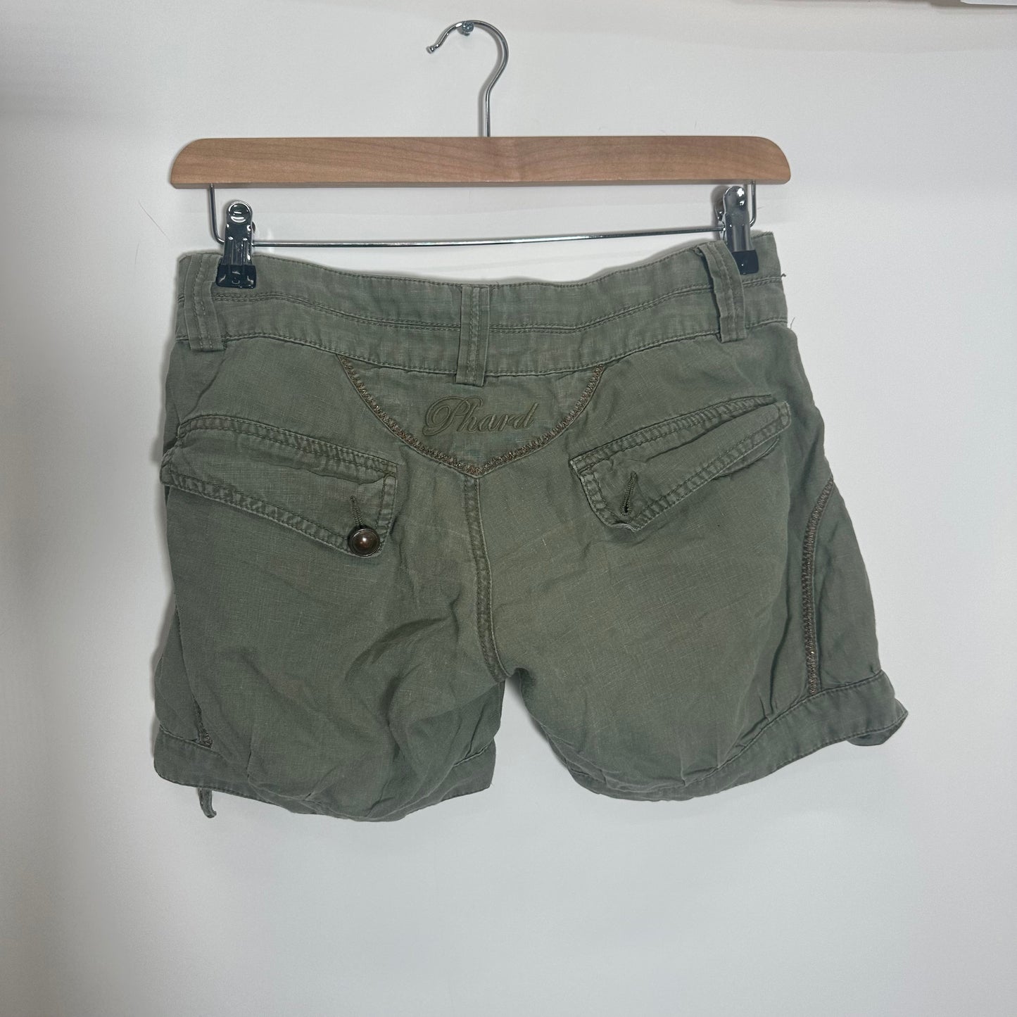 Y2K Phard Khaki Linen Shorts with Gold Contrast Stitching (S)