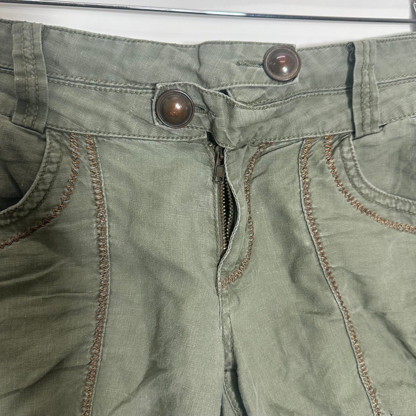 Y2K Phard Khaki Linen Shorts with Gold Contrast Stitching (S)