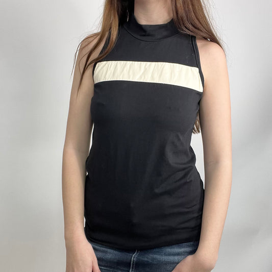 Y2K Black/Cream Stripe High-Neck Sleeveless Top (M)