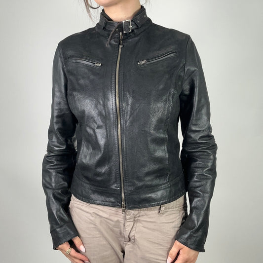 Y2K Black Zip Leather Jacket (M)