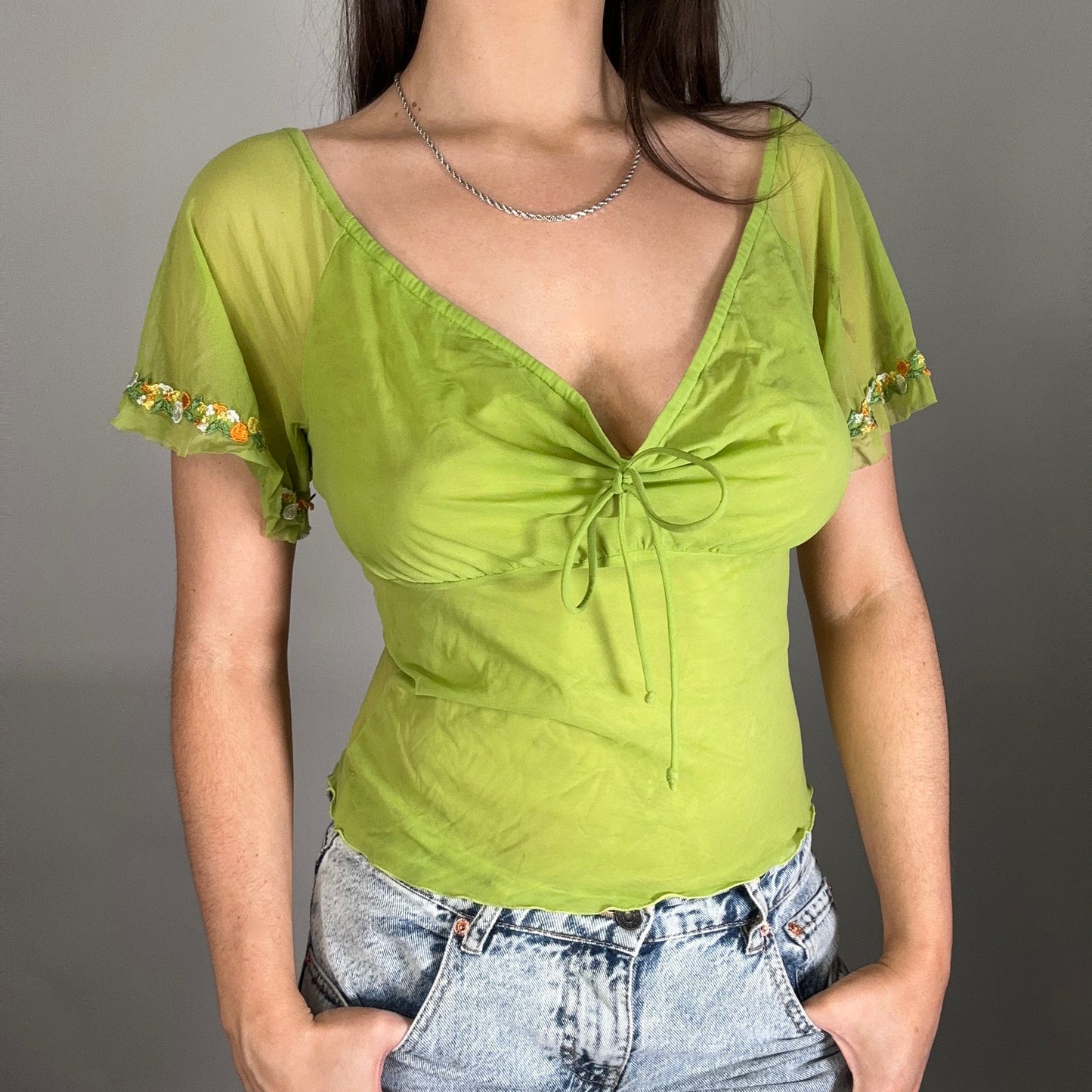 Y2K Green Mesh Detailed Big Neckline Top (XL)