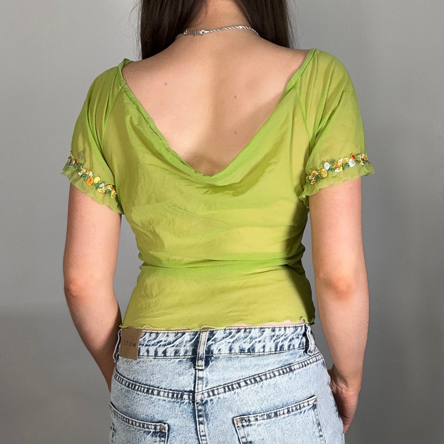 Y2K Green Mesh Detailed Big Neckline Top (XL)