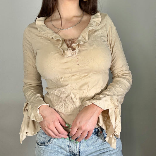 Y2K Beige Frill Detailed Long-Sleeve Top (M)