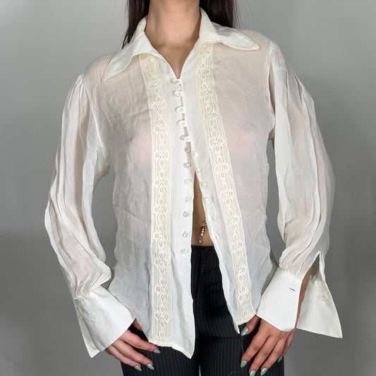 Y2K Cream Mesh Lace Blouse (L)