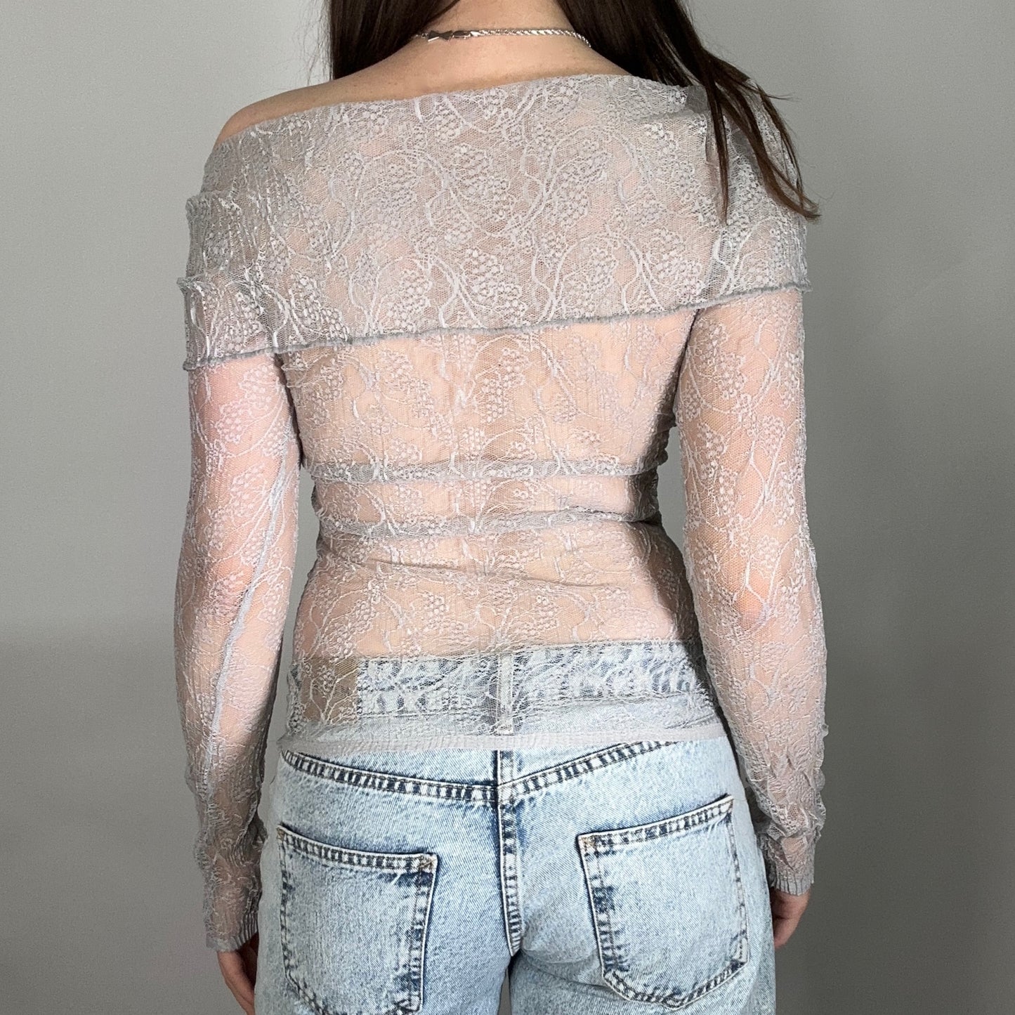 Y2K Grey Off-Shoulder Lace Long Sleeve Top (S)