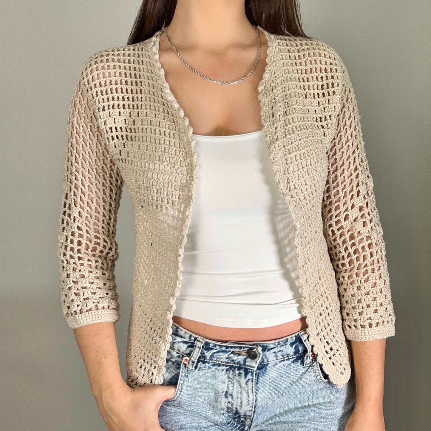 Y2K Beige Crochet Cardi (M)