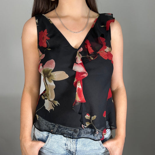 Y2K Black/Red Floral Detailed Top (M)