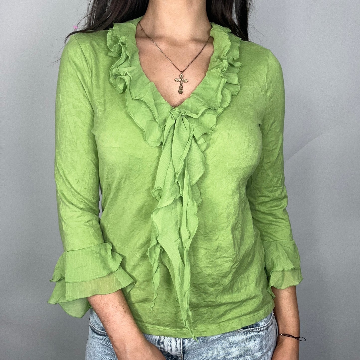 Y2K Green Frill Detail Long-Sleeve Top (M)