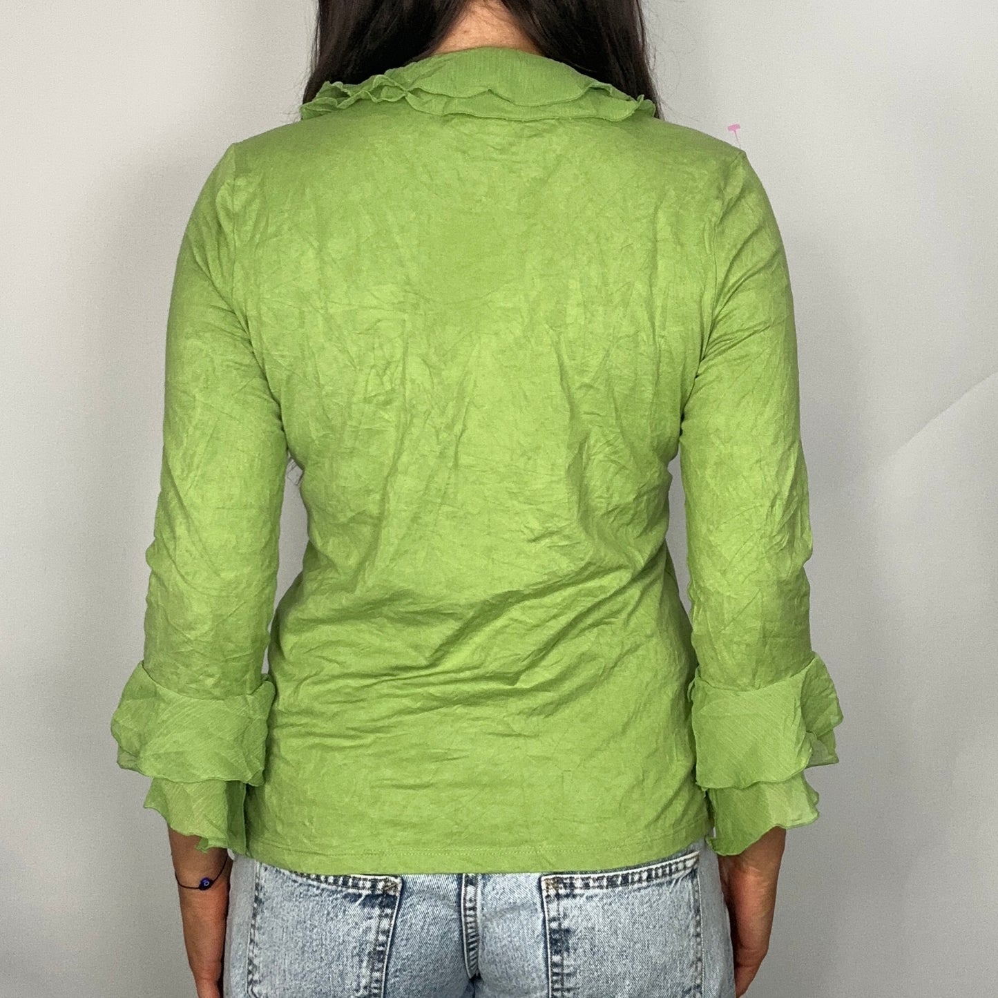 Y2K Green Frill Detail Long-Sleeve Top (M)