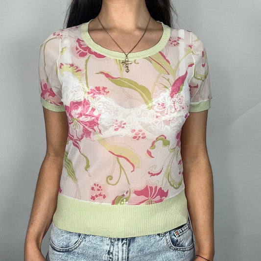 Y2K White/Pink/Green Mesh Floral Top (L)