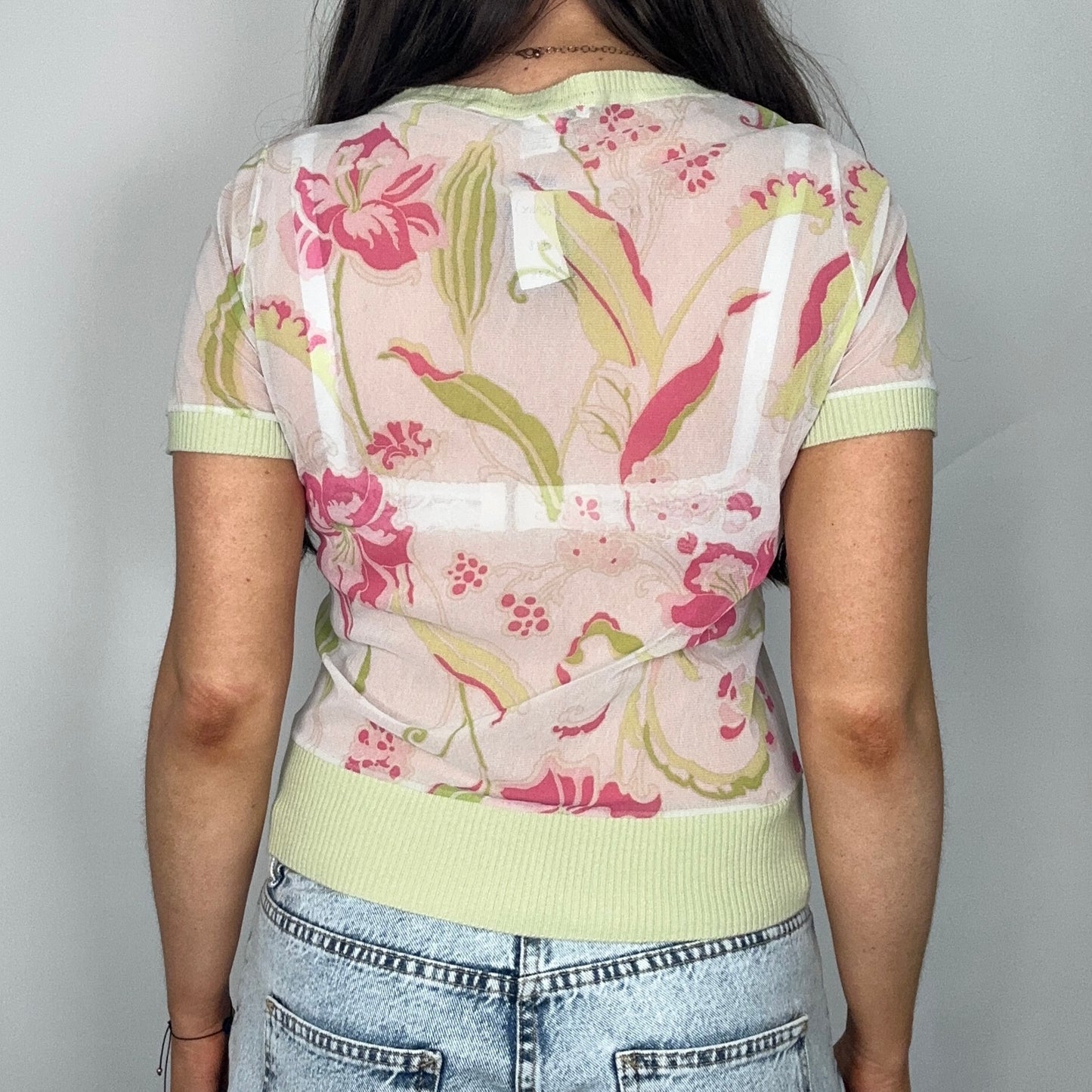 Y2K White/Pink/Green Mesh Floral Top (L)