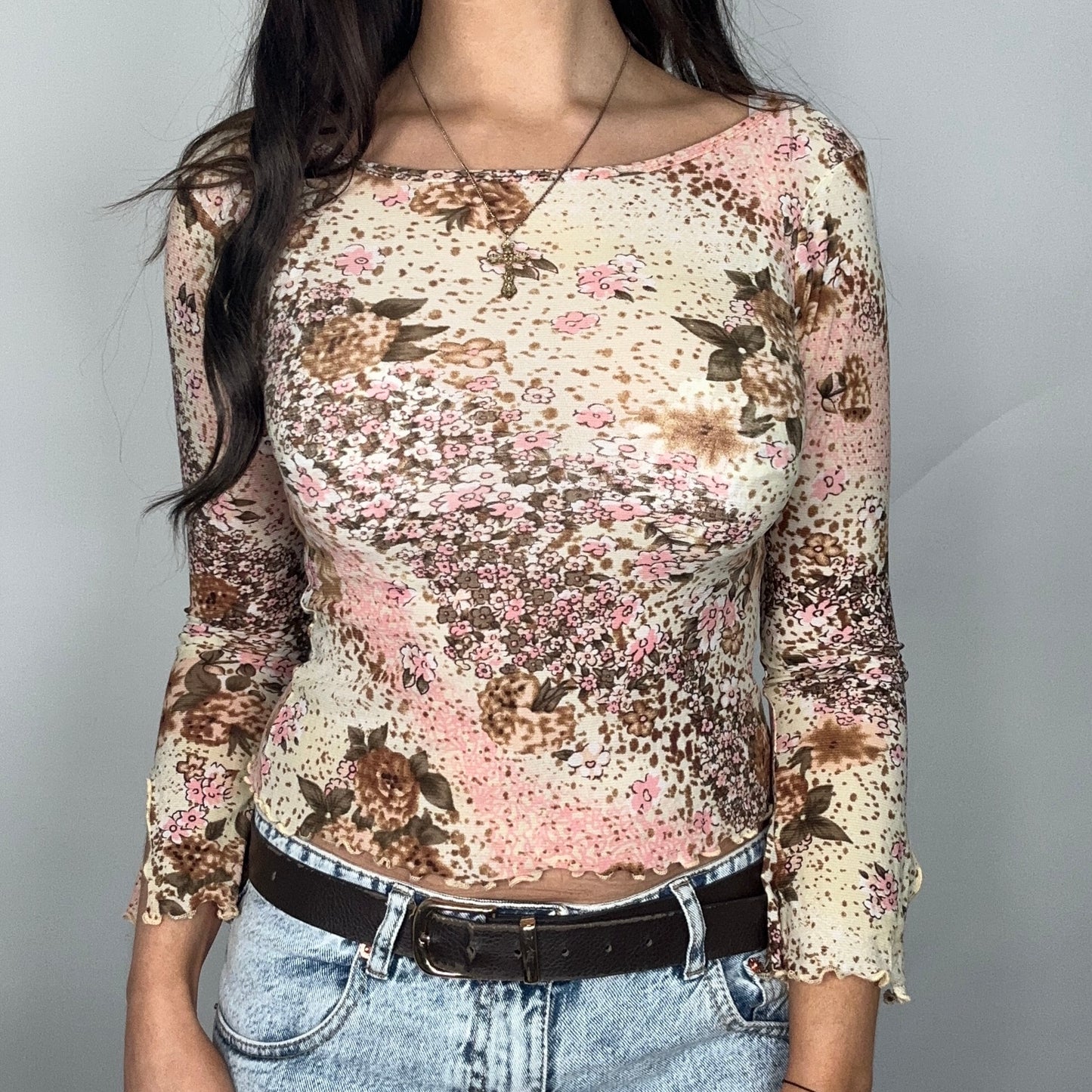 Y2K Brown/Pink Floral Patterned Long-Sleeve Mesh Top (S)