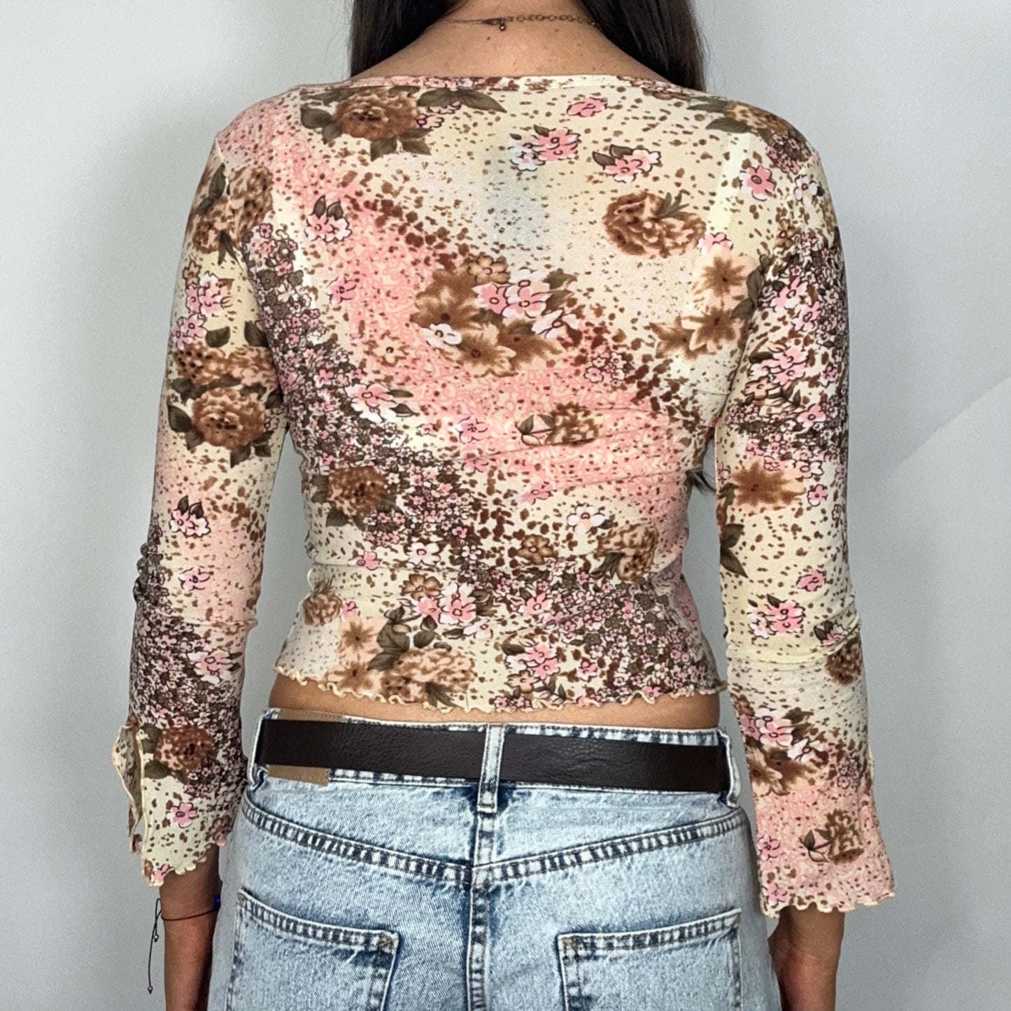 Y2K Brown/Pink Floral Patterned Long-Sleeve Mesh Top (S)