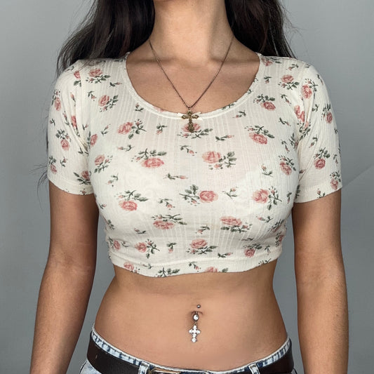 Y2K Cream Floral Cropped Top (S)