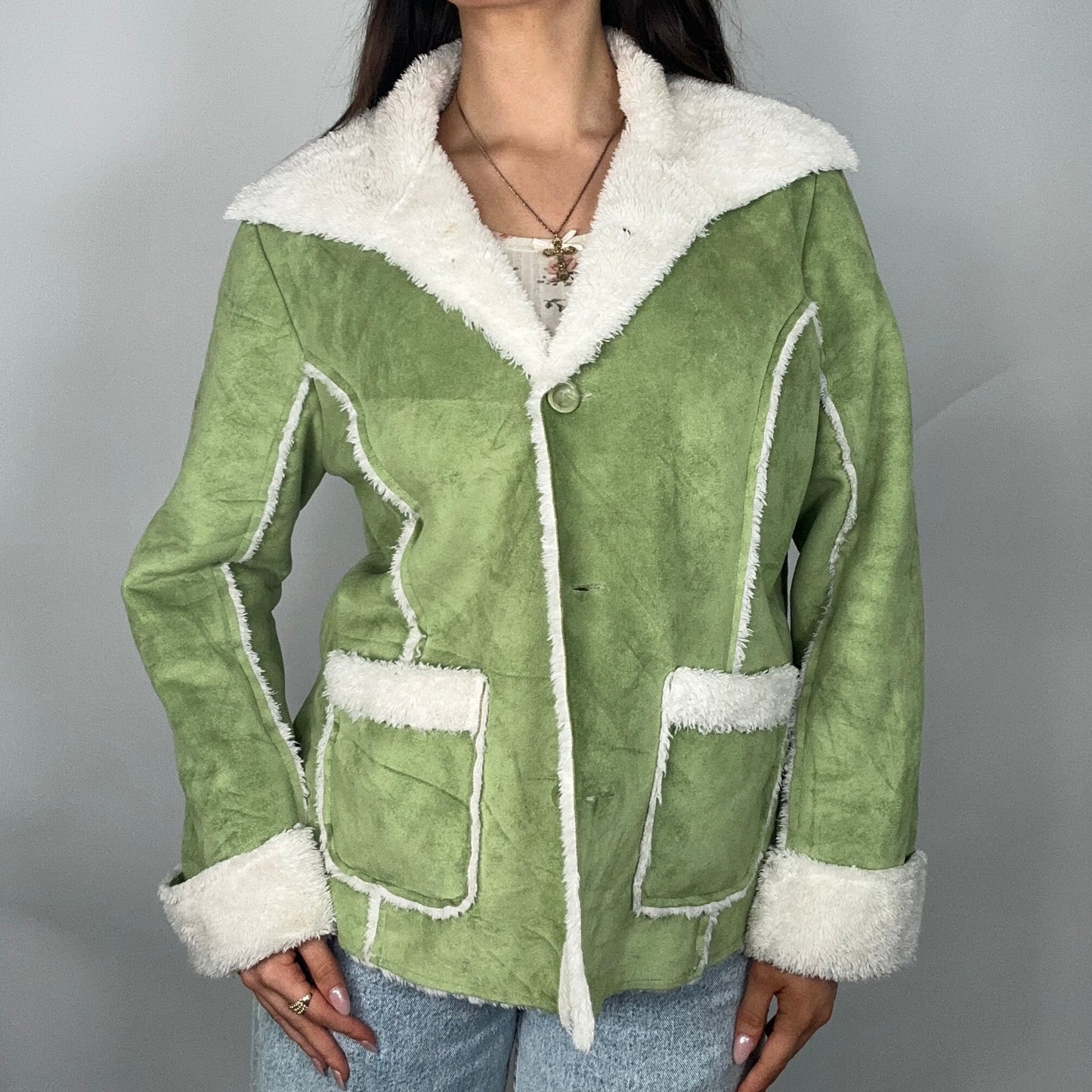 Y2K Green Faux Fur-Lined Coat (L)
