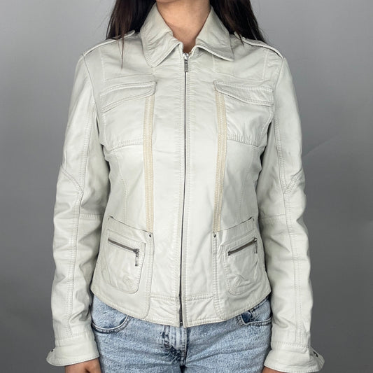 Y2K Cream Zip-Up Fitted Leather Jacket (M)