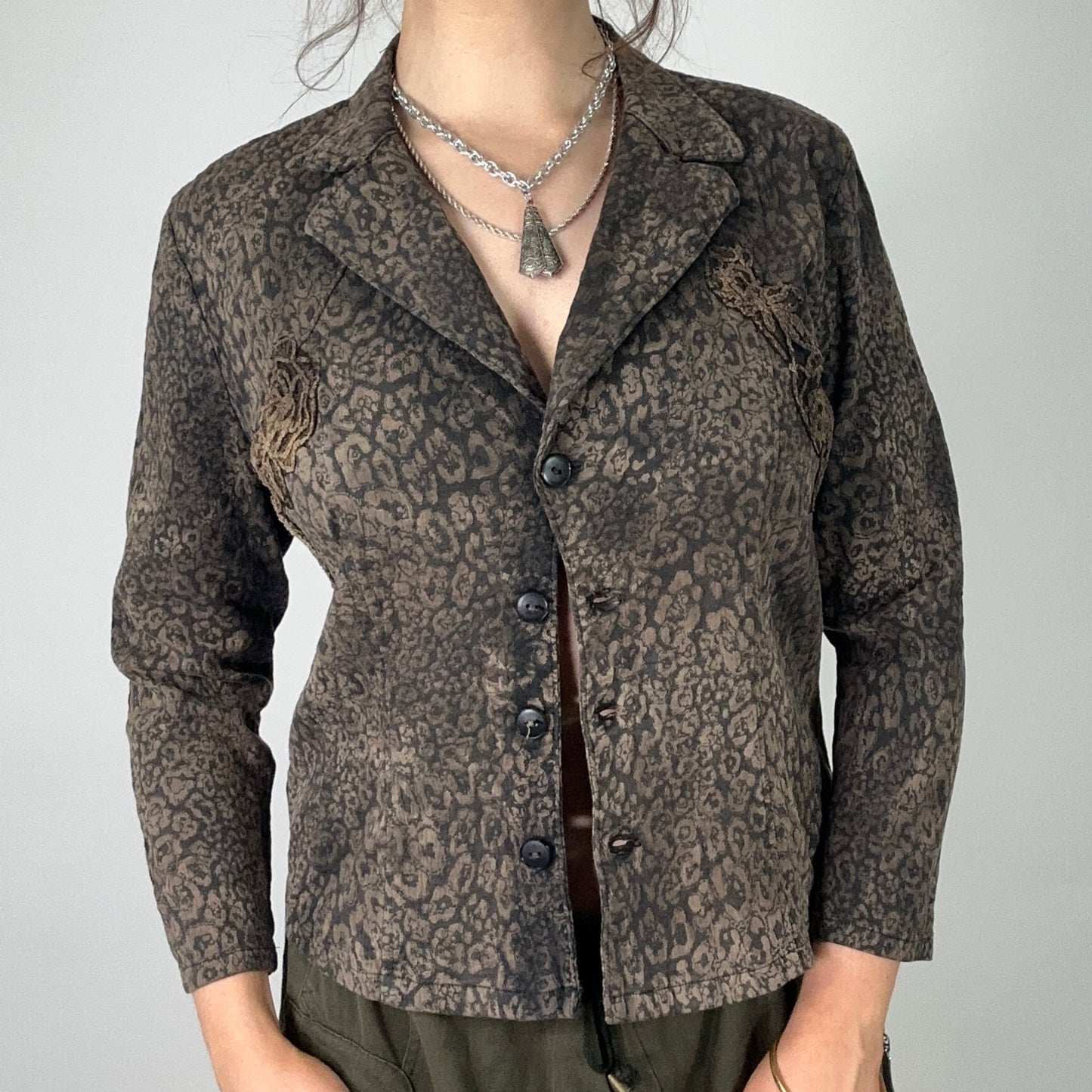 Y2K Brown Patterned Embroidered Blazer Jacket (M)