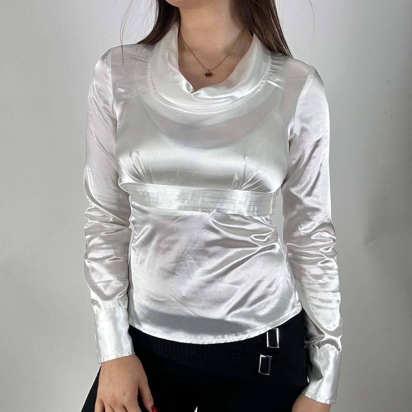 Y2K White Satin Long-Sleeve Top (S)