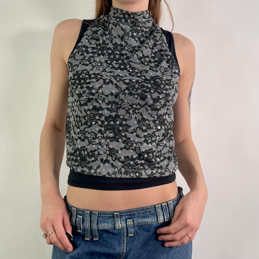 Y2K Black Patterned Sequin Top (S)