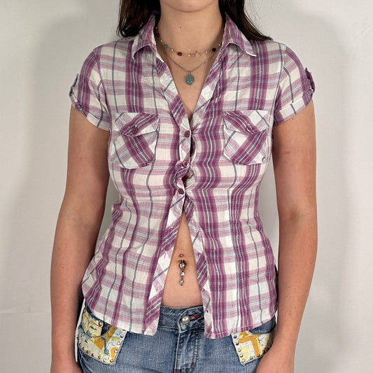 Purple Plaid Short Sleeved Shirt (M)