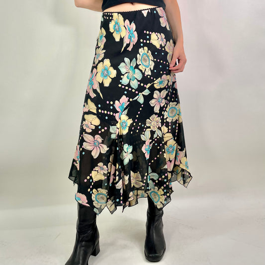 Y2K  Black Patterned Mesh Midi Skirt (W26)