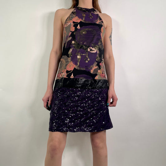 Y2K Purple Patterned Halter Neck Dress (M)