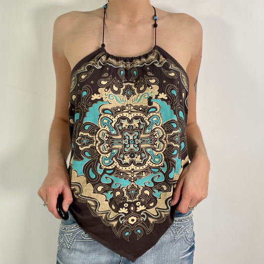 Y2K  Brown Patterned Halter Neck Top (S)