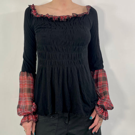 Y2K Black/Red Tartan Mesh Top (L)