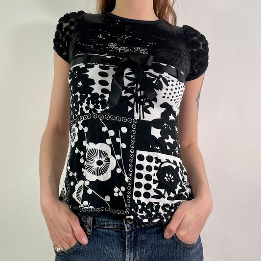 Y2K Black/White Patterned Top (S)