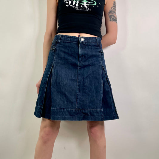 Y2K Blue Pleated Denim Midi Skirt (W32)